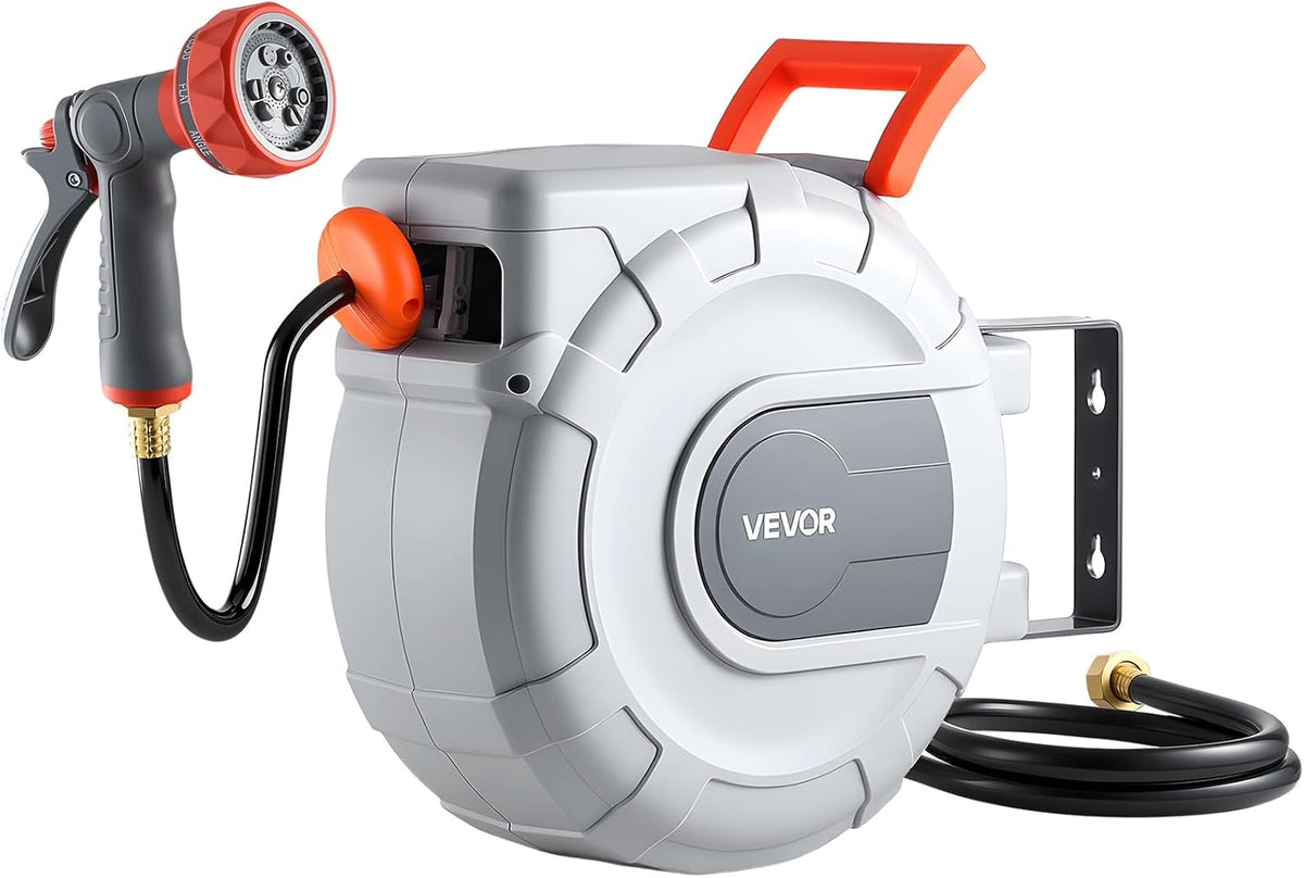 Retractable Garden Hose Reel, 5/8 Inch x 100 ft Wall Mounted Hose Reel, Heavy Duty Garden Hose Reel with 9 Patterns Nozzle, Any Length Lock, Upgraded Slow Return System and 180°Swivel Bracket