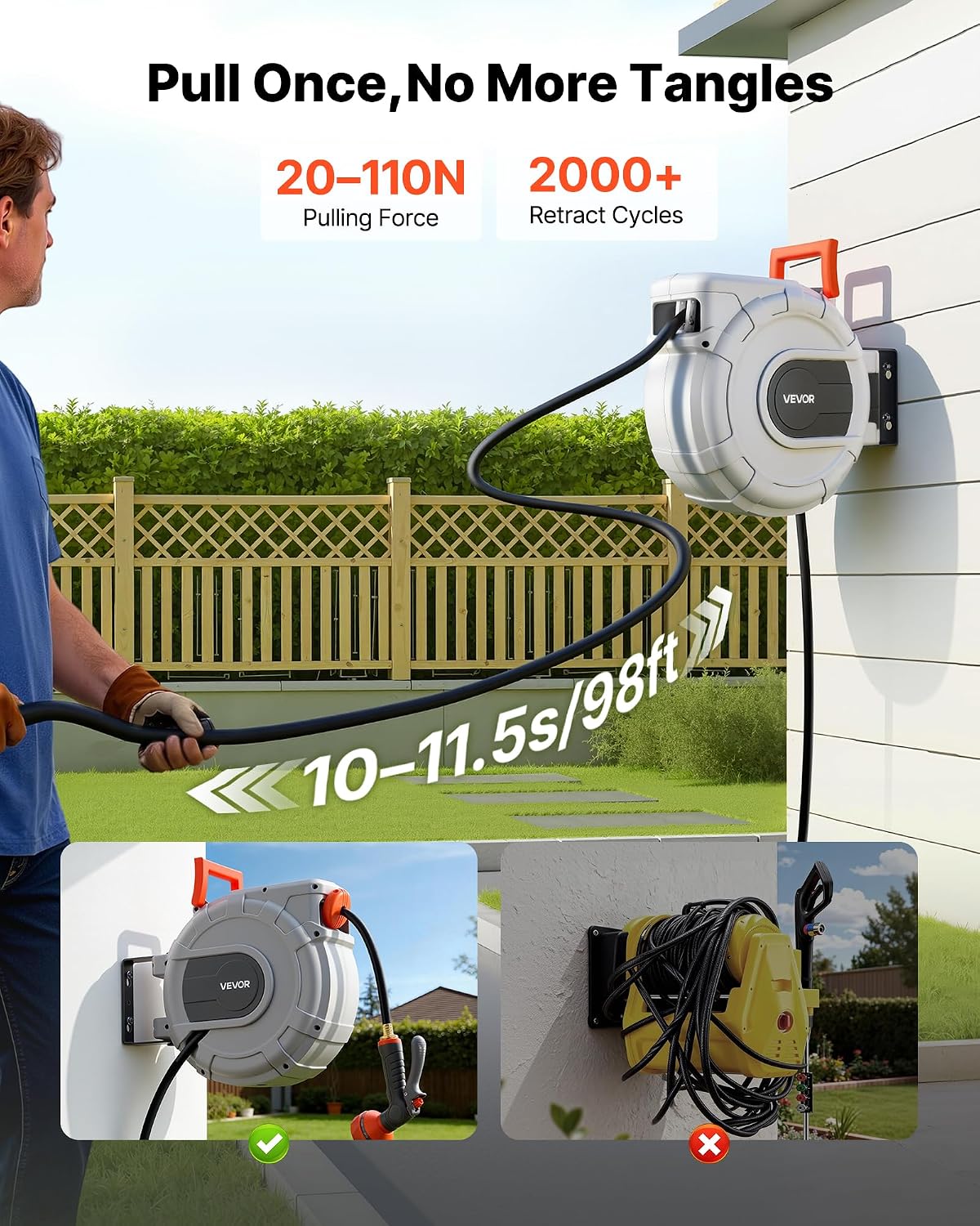 Retractable Garden Hose Reel, 5/8 Inch x 100 ft Wall Mounted Hose Reel, Heavy Duty Garden Hose Reel with 9 Patterns Nozzle, Any Length Lock, Upgraded Slow Return System and 180°Swivel Bracket