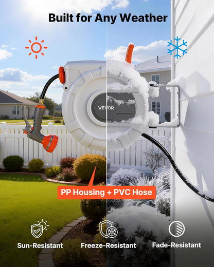 Retractable Garden Hose Reel, 5/8 Inch x 100 ft Wall Mounted Hose Reel, Heavy Duty Garden Hose Reel with 9 Patterns Nozzle, Any Length Lock, Upgraded Slow Return System and 180°Swivel Bracket