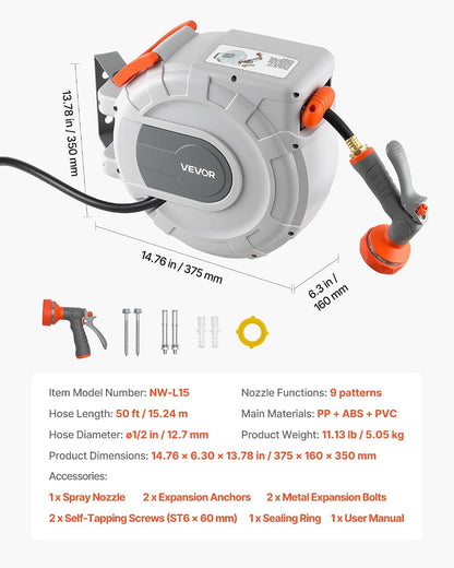 Retractable Garden Hose Reel, 5/8 Inch x 100 ft Wall Mounted Hose Reel, Heavy Duty Garden Hose Reel with 9 Patterns Nozzle, Any Length Lock, Upgraded Slow Return System and 180°Swivel Bracket