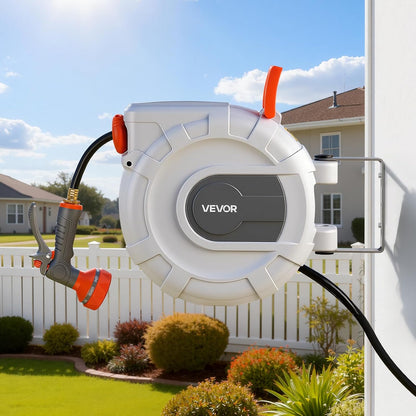 Retractable Garden Hose Reel, 5/8 Inch x 100 ft Wall Mounted Hose Reel, Heavy Duty Garden Hose Reel with 9 Patterns Nozzle, Any Length Lock, Upgraded Slow Return System and 180°Swivel Bracket