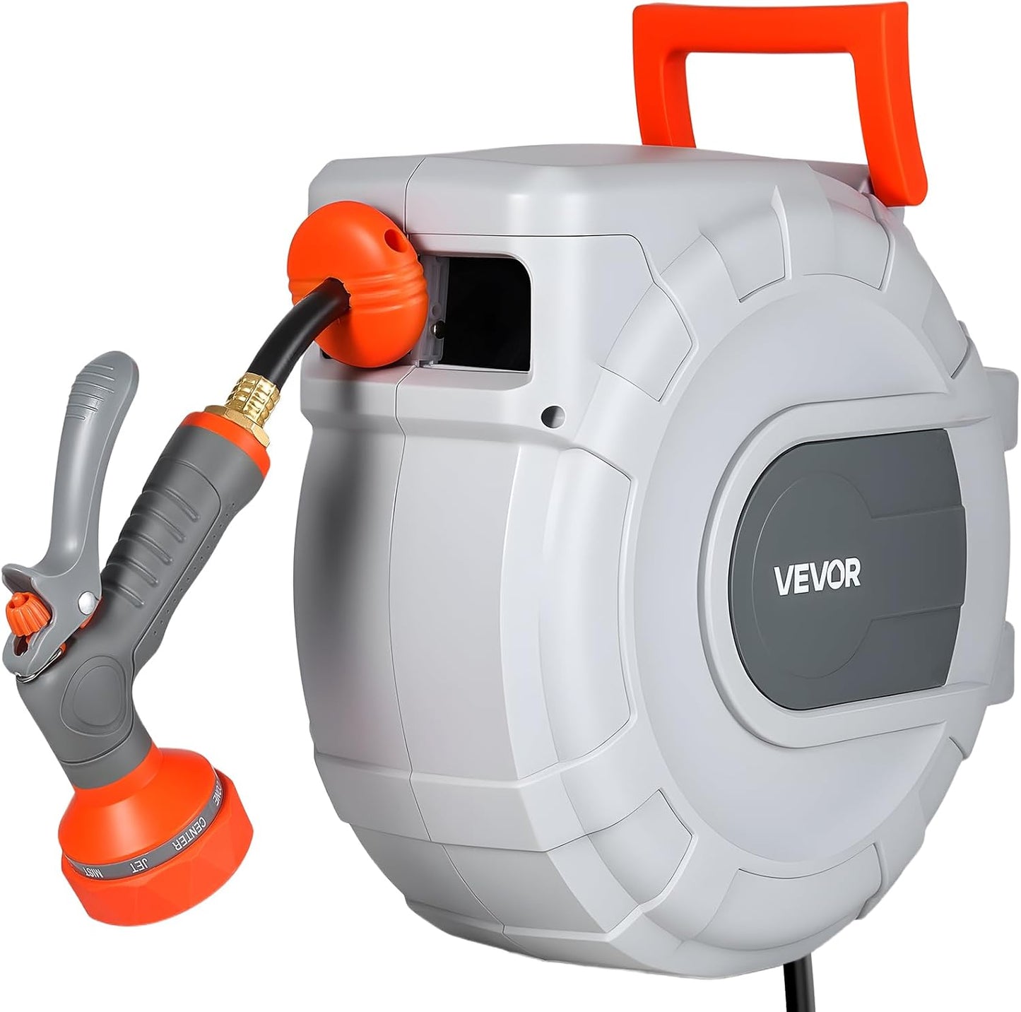 Retractable Garden Hose Reel, 5/8 Inch x 100 ft Wall Mounted Hose Reel, Heavy Duty Garden Hose Reel with 9 Patterns Nozzle, Any Length Lock, Upgraded Slow Return System and 180°Swivel Bracket