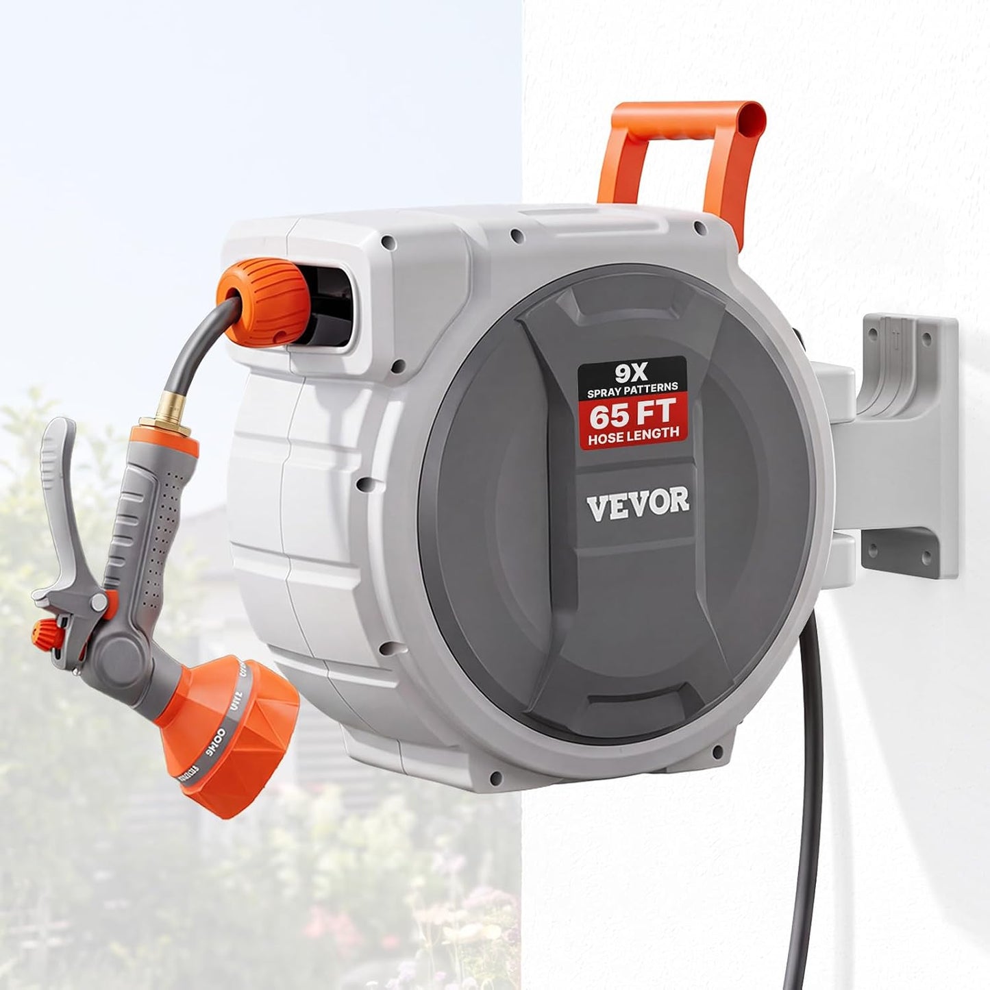 Retractable Garden Hose Reel, 5/8 Inch x 100 ft Wall Mounted Hose Reel, Heavy Duty Garden Hose Reel with 9 Patterns Nozzle, Any Length Lock, Upgraded Slow Return System and 180°Swivel Bracket