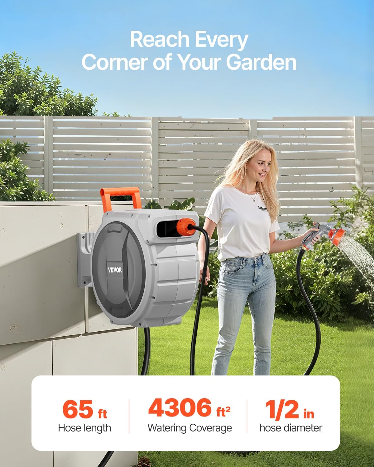 Retractable Garden Hose Reel, 5/8 Inch x 100 ft Wall Mounted Hose Reel, Heavy Duty Garden Hose Reel with 9 Patterns Nozzle, Any Length Lock, Upgraded Slow Return System and 180°Swivel Bracket