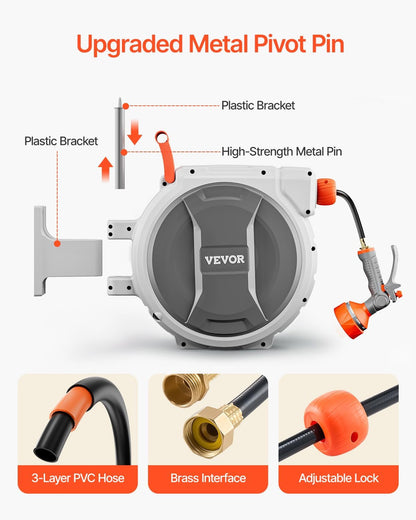 Retractable Garden Hose Reel, 5/8 Inch x 100 ft Wall Mounted Hose Reel, Heavy Duty Garden Hose Reel with 9 Patterns Nozzle, Any Length Lock, Upgraded Slow Return System and 180°Swivel Bracket