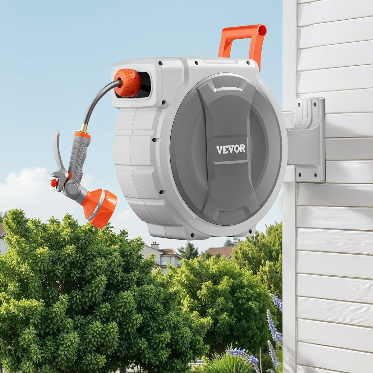 Retractable Garden Hose Reel, 5/8 Inch x 100 ft Wall Mounted Hose Reel, Heavy Duty Garden Hose Reel with 9 Patterns Nozzle, Any Length Lock, Upgraded Slow Return System and 180°Swivel Bracket