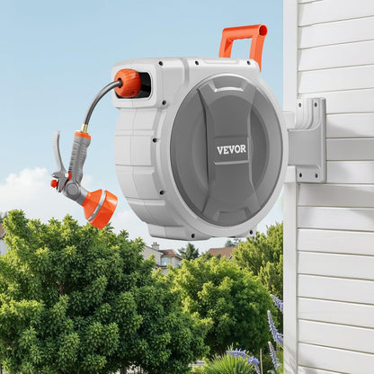 Retractable Garden Hose Reel, 5/8 Inch x 100 ft Wall Mounted Hose Reel, Heavy Duty Garden Hose Reel with 9 Patterns Nozzle, Any Length Lock, Upgraded Slow Return System and 180°Swivel Bracket