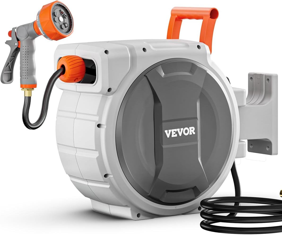Retractable Garden Hose Reel, 5/8 Inch x 100 ft Wall Mounted Hose Reel, Heavy Duty Garden Hose Reel with 9 Patterns Nozzle, Any Length Lock, Upgraded Slow Return System and 180°Swivel Bracket