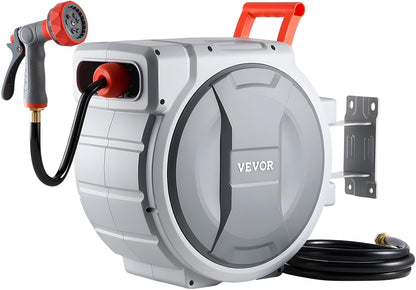 Retractable Garden Hose Reel, 5/8 Inch x 100 ft Wall Mounted Hose Reel, Heavy Duty Garden Hose Reel with 9 Patterns Nozzle, Any Length Lock, Upgraded Slow Return System and 180°Swivel Bracket