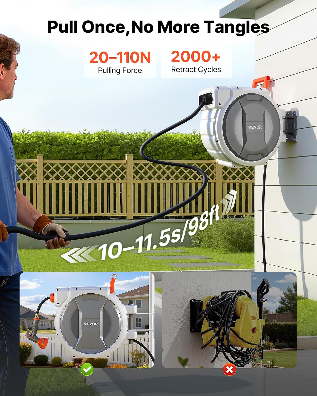 Retractable Garden Hose Reel, 5/8 Inch x 100 ft Wall Mounted Hose Reel, Heavy Duty Garden Hose Reel with 9 Patterns Nozzle, Any Length Lock, Upgraded Slow Return System and 180°Swivel Bracket