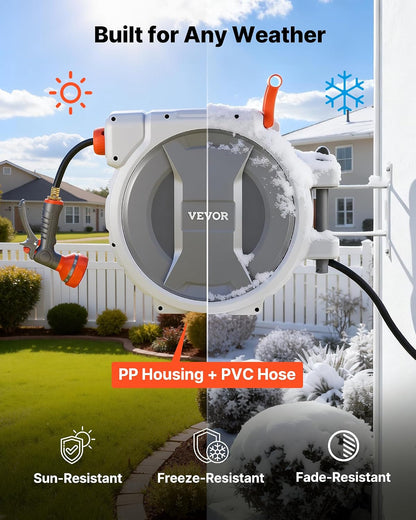 Retractable Garden Hose Reel, 5/8 Inch x 100 ft Wall Mounted Hose Reel, Heavy Duty Garden Hose Reel with 9 Patterns Nozzle, Any Length Lock, Upgraded Slow Return System and 180°Swivel Bracket