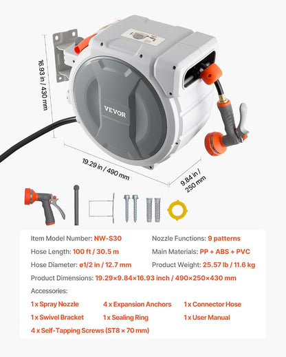 Retractable Garden Hose Reel, 5/8 Inch x 100 ft Wall Mounted Hose Reel, Heavy Duty Garden Hose Reel with 9 Patterns Nozzle, Any Length Lock, Upgraded Slow Return System and 180°Swivel Bracket