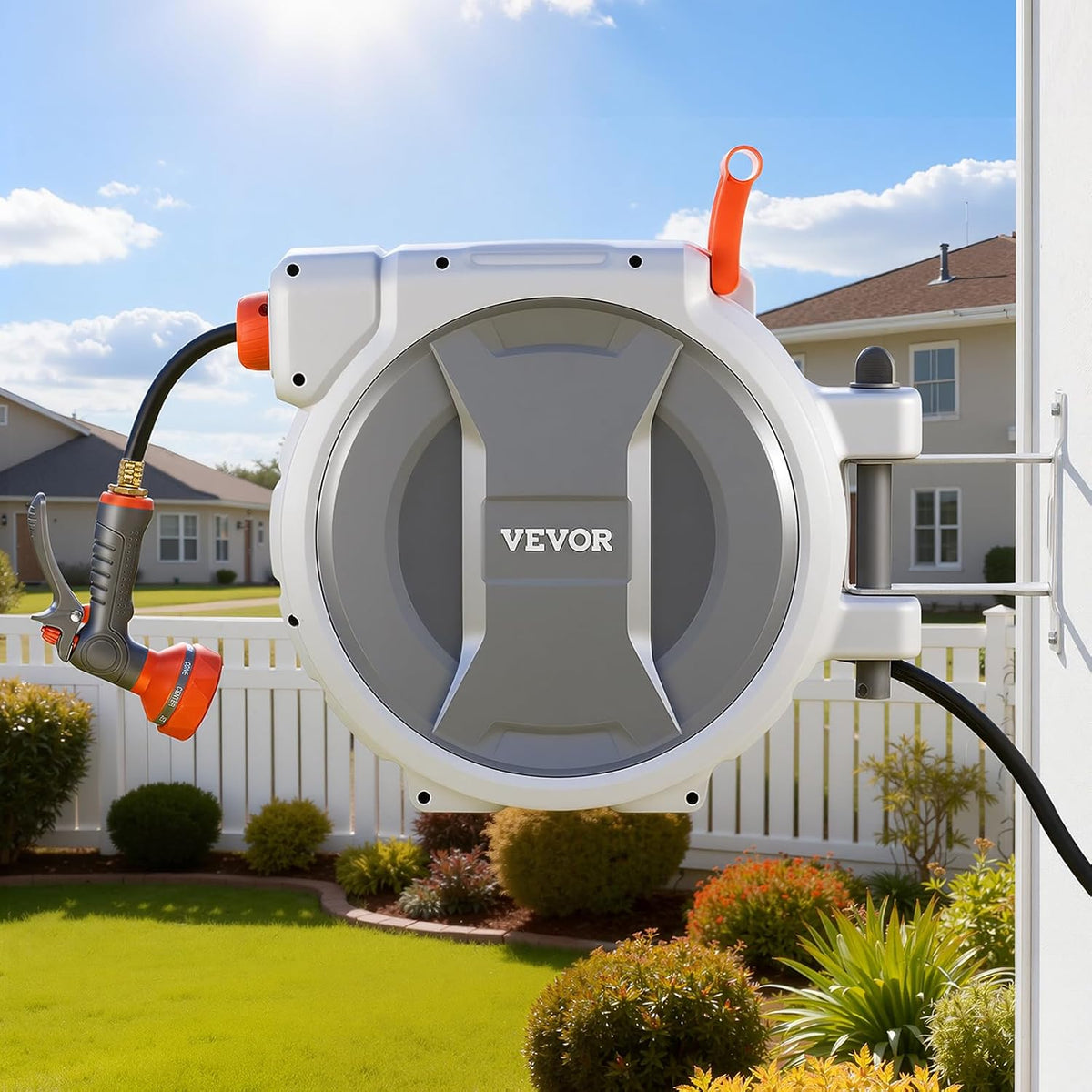 Retractable Garden Hose Reel, 5/8 Inch x 100 ft Wall Mounted Hose Reel, Heavy Duty Garden Hose Reel with 9 Patterns Nozzle, Any Length Lock, Upgraded Slow Return System and 180°Swivel Bracket