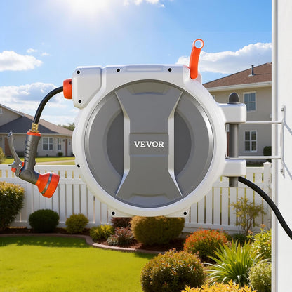 Retractable Garden Hose Reel, 5/8 Inch x 100 ft Wall Mounted Hose Reel, Heavy Duty Garden Hose Reel with 9 Patterns Nozzle, Any Length Lock, Upgraded Slow Return System and 180°Swivel Bracket