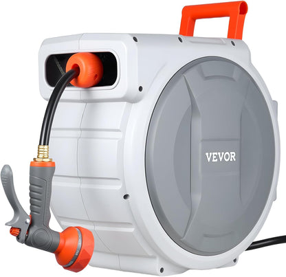 Retractable Garden Hose Reel, 5/8 Inch x 100 ft Wall Mounted Hose Reel, Heavy Duty Garden Hose Reel with 9 Patterns Nozzle, Any Length Lock, Upgraded Slow Return System and 180°Swivel Bracket