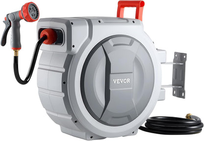 Retractable Garden Hose Reel, 5/8 Inch x 100 ft Wall Mounted Hose Reel, Heavy Duty Garden Hose Reel with 9 Patterns Nozzle, Any Length Lock, Upgraded Slow Return System and 180°Swivel Bracket