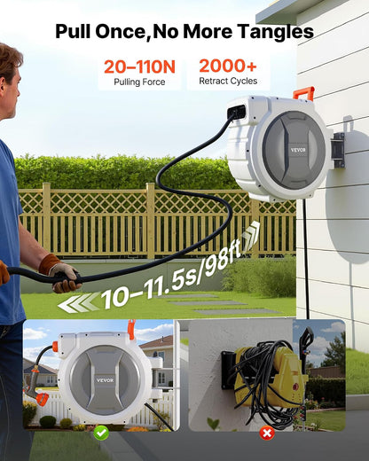 Retractable Garden Hose Reel, 5/8 Inch x 100 ft Wall Mounted Hose Reel, Heavy Duty Garden Hose Reel with 9 Patterns Nozzle, Any Length Lock, Upgraded Slow Return System and 180°Swivel Bracket