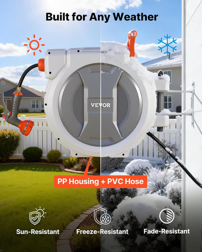 Retractable Garden Hose Reel, 5/8 Inch x 100 ft Wall Mounted Hose Reel, Heavy Duty Garden Hose Reel with 9 Patterns Nozzle, Any Length Lock, Upgraded Slow Return System and 180°Swivel Bracket