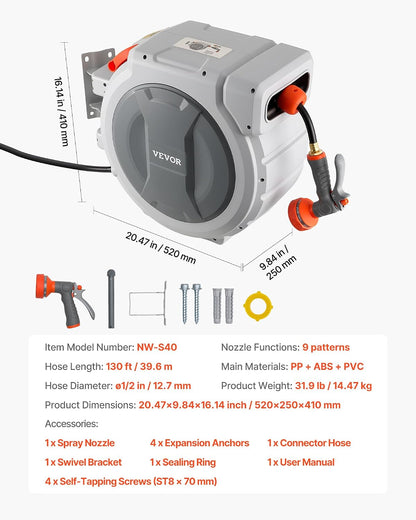 Retractable Garden Hose Reel, 5/8 Inch x 100 ft Wall Mounted Hose Reel, Heavy Duty Garden Hose Reel with 9 Patterns Nozzle, Any Length Lock, Upgraded Slow Return System and 180°Swivel Bracket