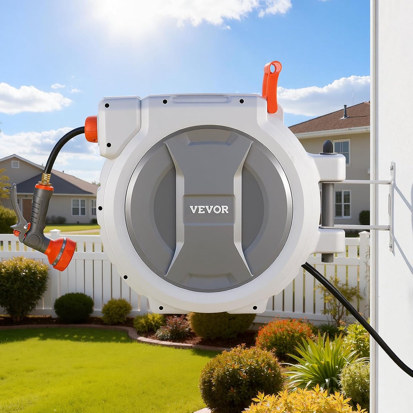 Retractable Garden Hose Reel, 5/8 Inch x 100 ft Wall Mounted Hose Reel, Heavy Duty Garden Hose Reel with 9 Patterns Nozzle, Any Length Lock, Upgraded Slow Return System and 180°Swivel Bracket