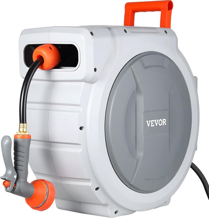 Retractable Garden Hose Reel, 5/8 Inch x 100 ft Wall Mounted Hose Reel, Heavy Duty Garden Hose Reel with 9 Patterns Nozzle, Any Length Lock, Upgraded Slow Return System and 180°Swivel Bracket