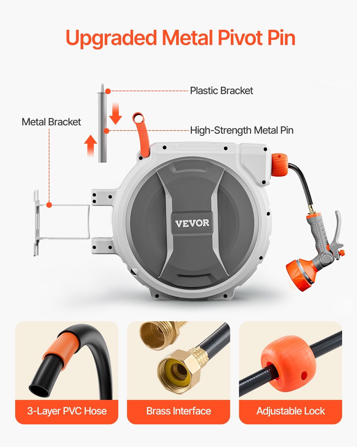 Retractable Garden Hose Reel, 5/8 Inch x 100 ft Wall Mounted Hose Reel, Heavy Duty Garden Hose Reel with 9 Patterns Nozzle, Any Length Lock, Upgraded Slow Return System and 180°Swivel Bracket