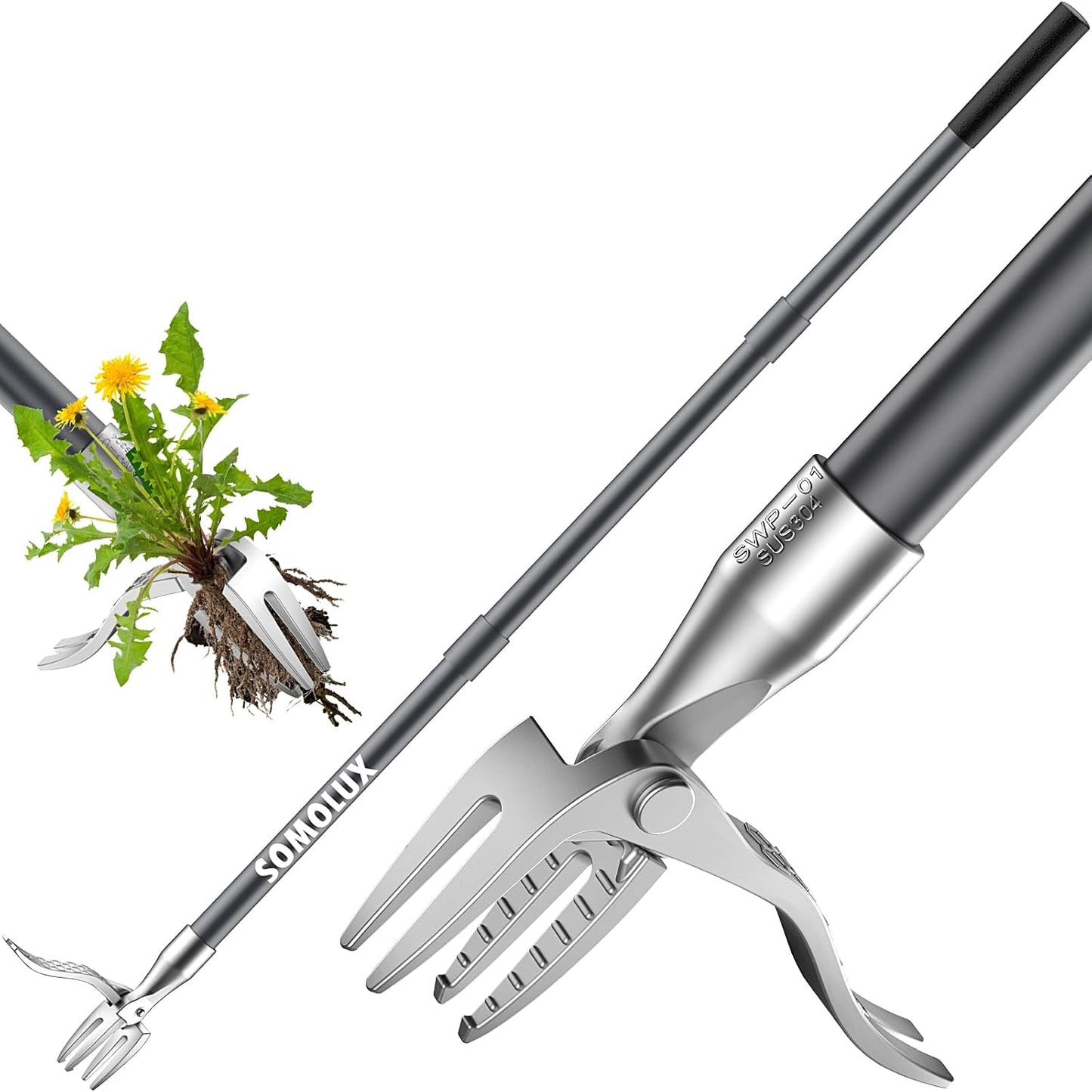 52'' Weed Puller Tool Stand-up Weeder with Metal Long Handle/Stainless Steel Claw, Gardening Manual Tool Weed Gripper/Picker/Remover No Bending/Kneeling to Remove Dandelion Form Lawn Patio