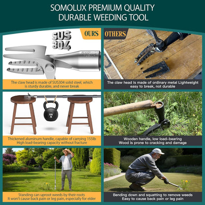 52'' Weed Puller Tool Stand-up Weeder with Metal Long Handle/Stainless Steel Claw, Gardening Manual Tool Weed Gripper/Picker/Remover No Bending/Kneeling to Remove Dandelion Form Lawn Patio