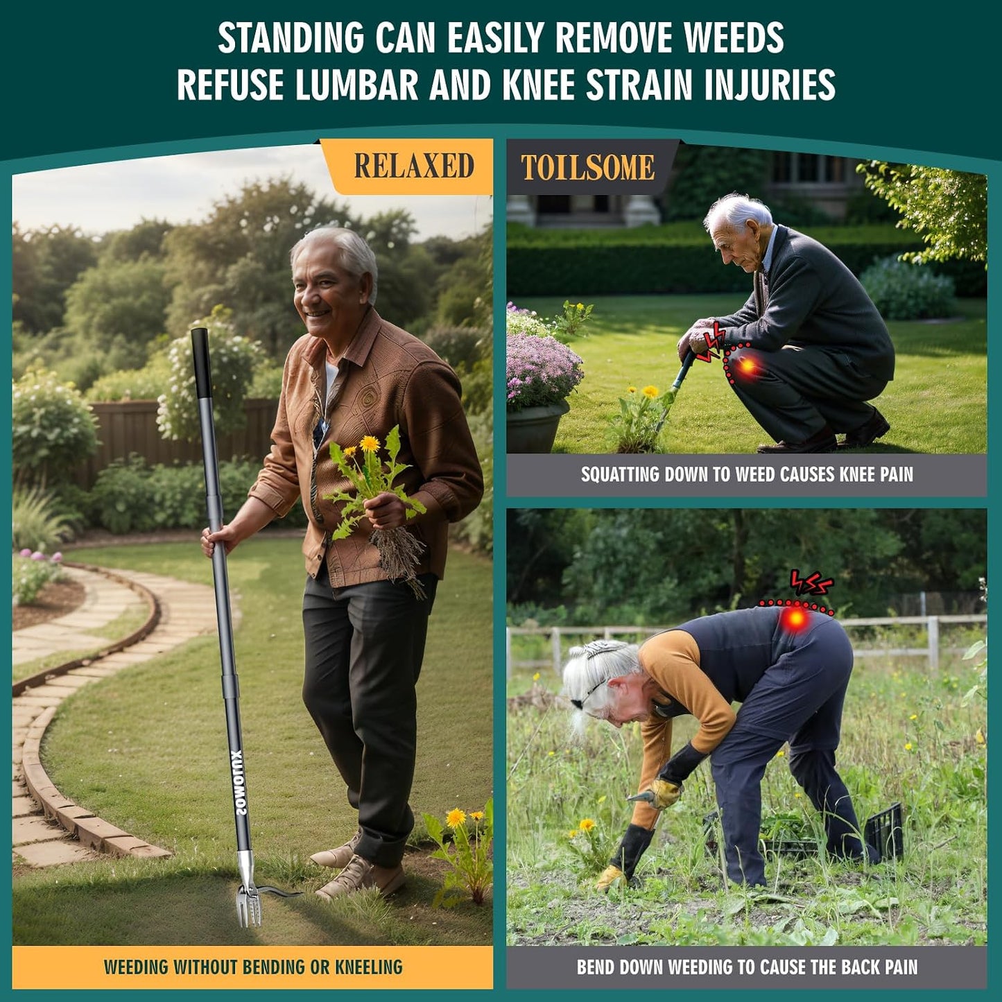 52'' Weed Puller Tool Stand-up Weeder with Metal Long Handle/Stainless Steel Claw, Gardening Manual Tool Weed Gripper/Picker/Remover No Bending/Kneeling to Remove Dandelion Form Lawn Patio
