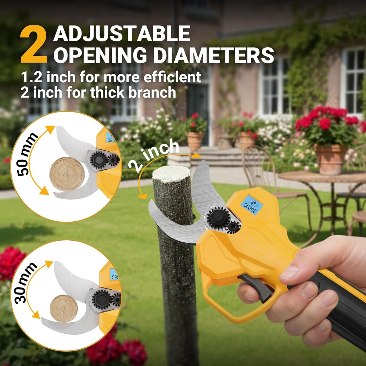 2-in-1 Electric Pruning Shears, 2" Opening Electric Shears, 2×2.0Ah Battery