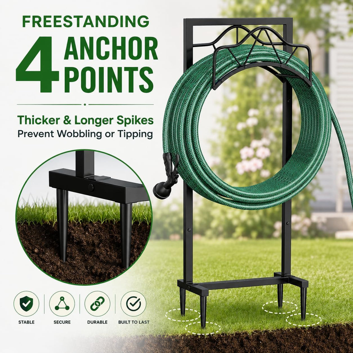 Freestanding Garden Hose Holder - Heavy Duty Metal Water Hose Holder for Outside, Detachable Hose Rack & Storage Hanger, 160FT Capacity for Lawn & Yard, Black