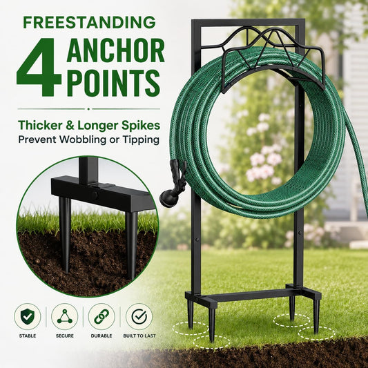 Freestanding Garden Hose Holder - Heavy Duty Metal Water Hose Holder for Outside, Detachable Hose Rack & Storage Hanger, 160FT Capacity for Lawn & Yard, Black