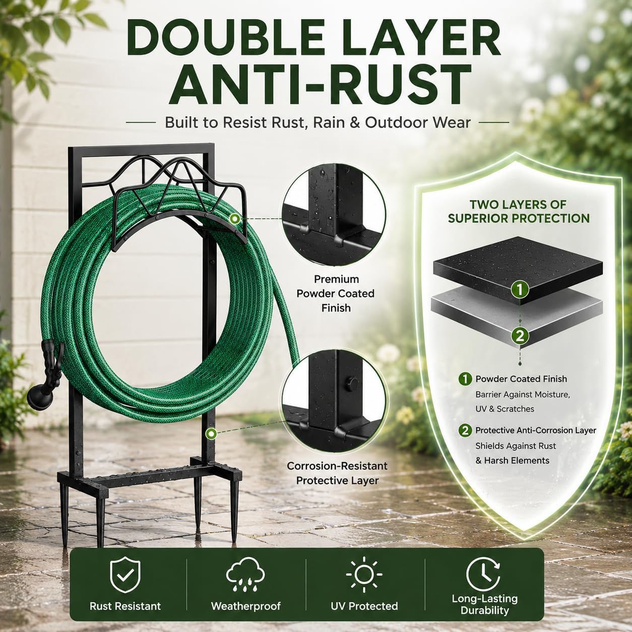 Freestanding Garden Hose Holder - Heavy Duty Metal Water Hose Holder for Outside, Detachable Hose Rack & Storage Hanger, 160FT Capacity for Lawn & Yard, Black