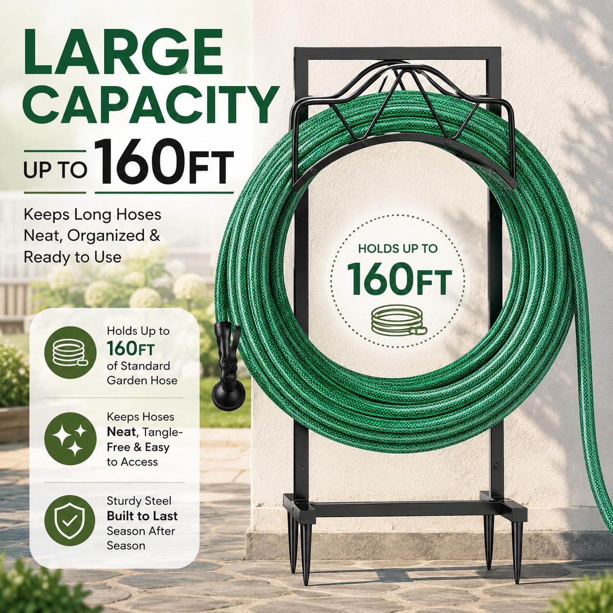Freestanding Garden Hose Holder - Heavy Duty Metal Water Hose Holder for Outside, Detachable Hose Rack & Storage Hanger, 160FT Capacity for Lawn & Yard, Black