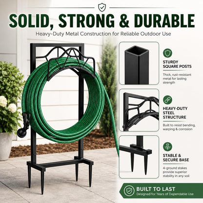 Freestanding Garden Hose Holder - Heavy Duty Metal Water Hose Holder for Outside, Detachable Hose Rack & Storage Hanger, 160FT Capacity for Lawn & Yard, Black