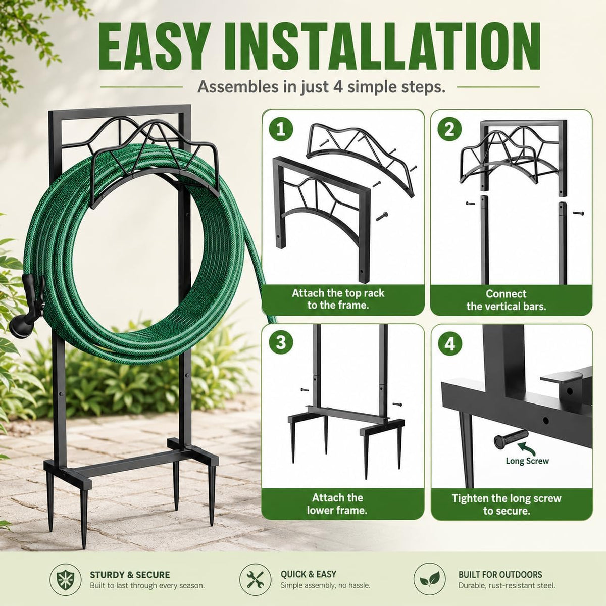 Freestanding Garden Hose Holder - Heavy Duty Metal Water Hose Holder for Outside, Detachable Hose Rack & Storage Hanger, 160FT Capacity for Lawn & Yard, Black