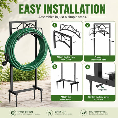 Freestanding Garden Hose Holder - Heavy Duty Metal Water Hose Holder for Outside, Detachable Hose Rack & Storage Hanger, 160FT Capacity for Lawn & Yard, Black