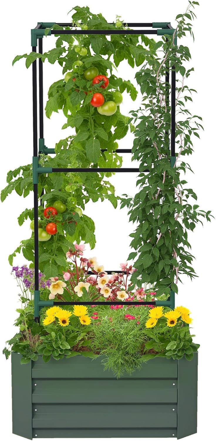 55" Tall Galvanized Raised Garden Bed with Trellis, Green