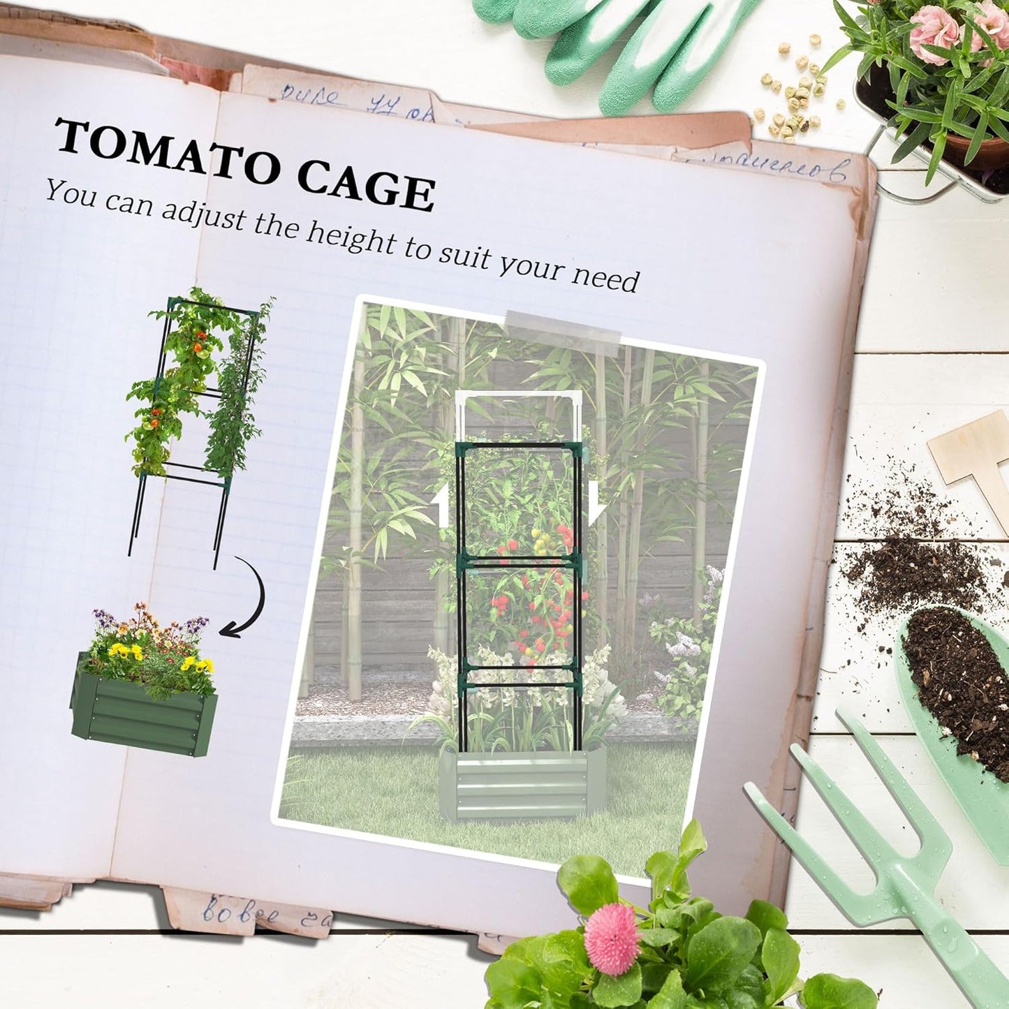 55" Tall Galvanized Raised Garden Bed with Trellis, Green