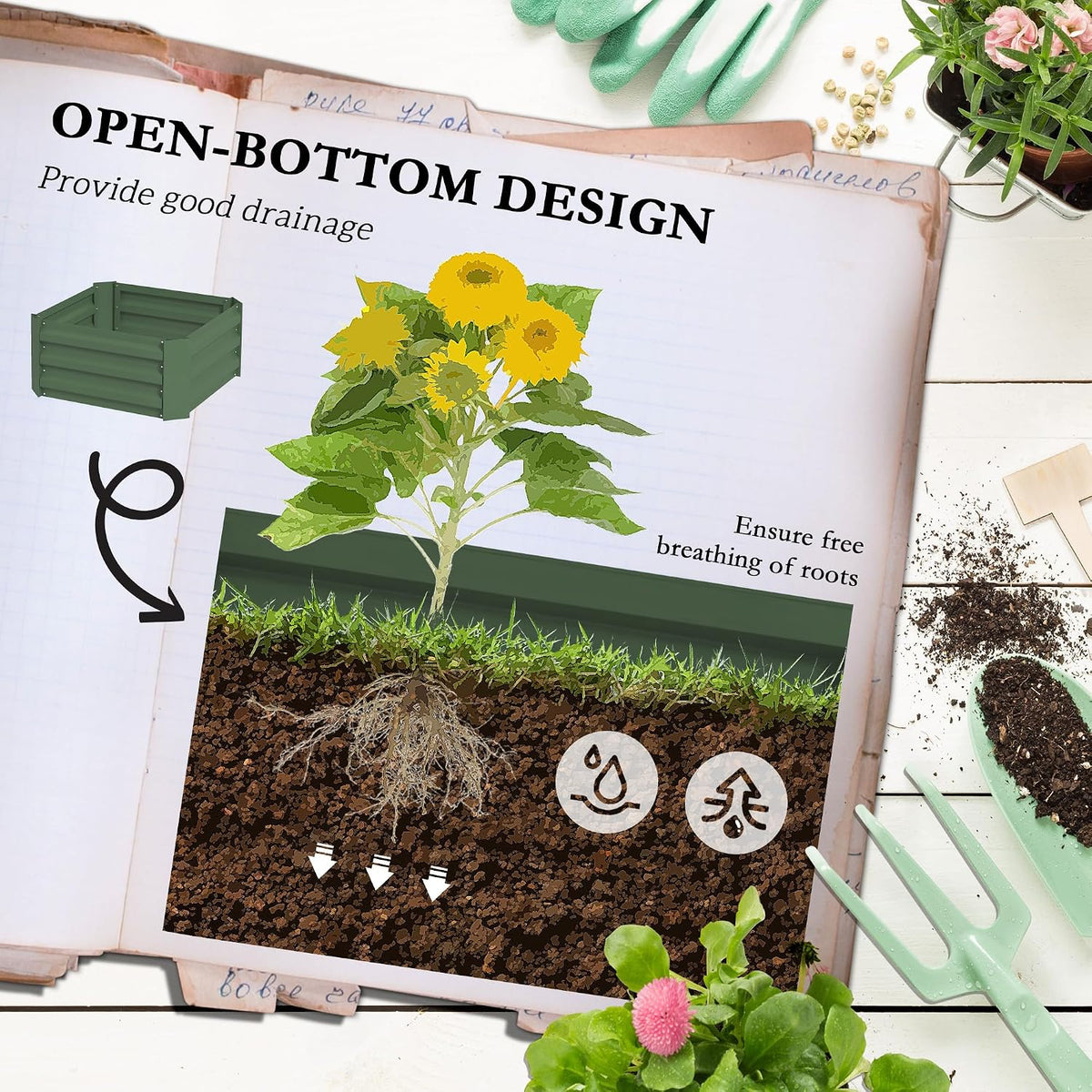 55" Tall Galvanized Raised Garden Bed with Trellis, Green
