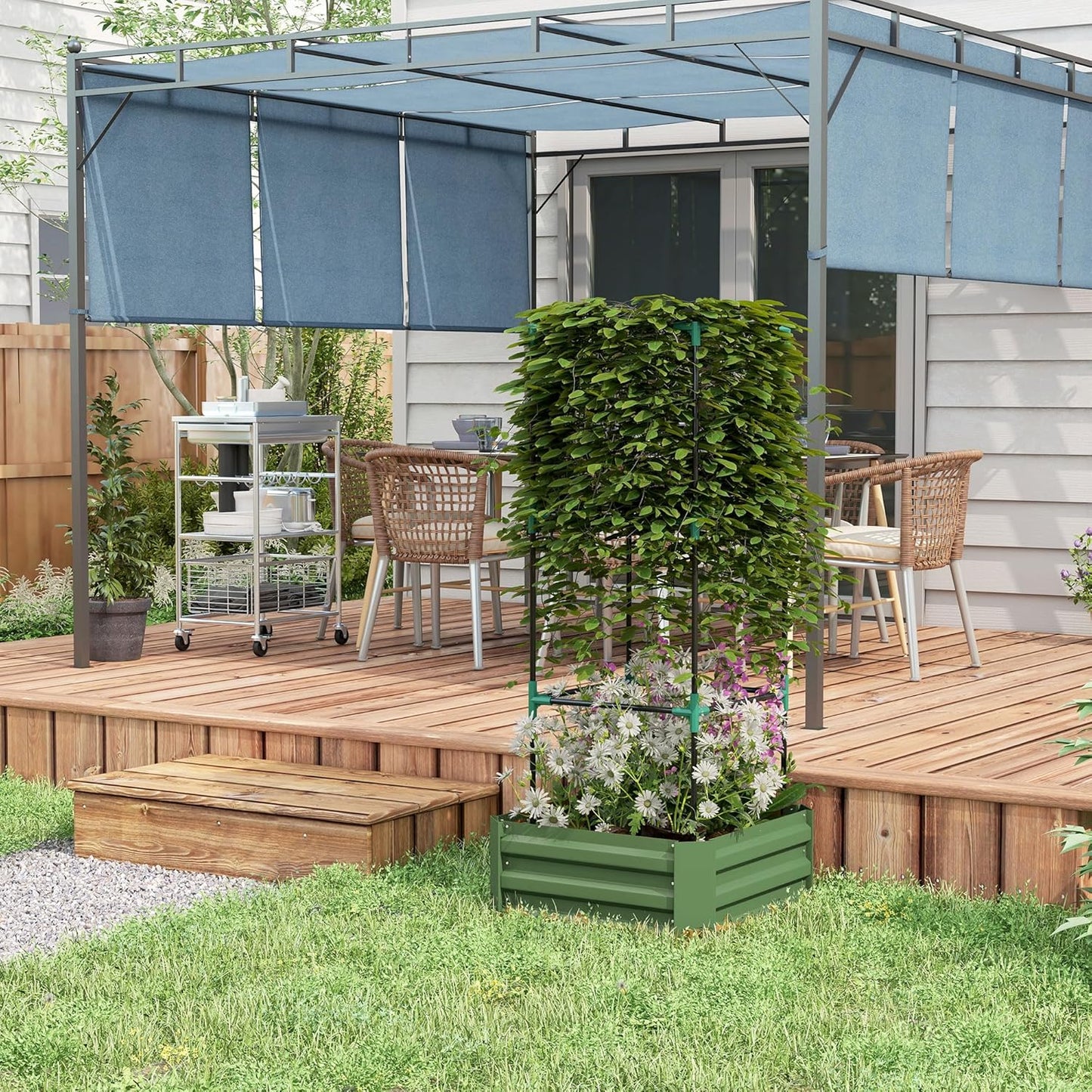 55" Tall Galvanized Raised Garden Bed with Trellis, Green