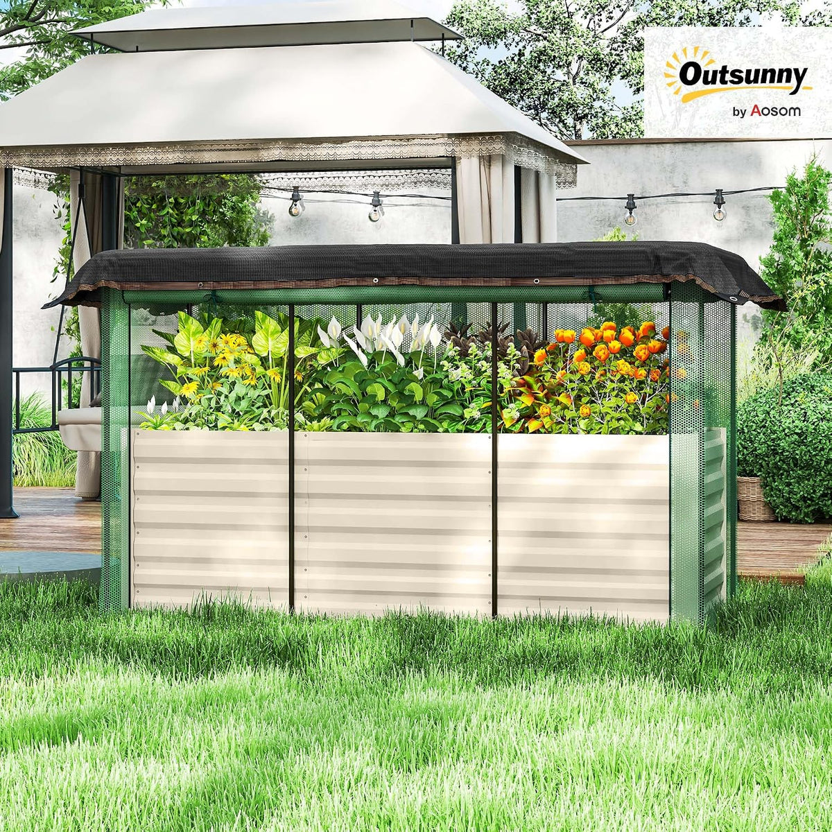 55" Tall Galvanized Raised Garden Bed with Trellis, Green