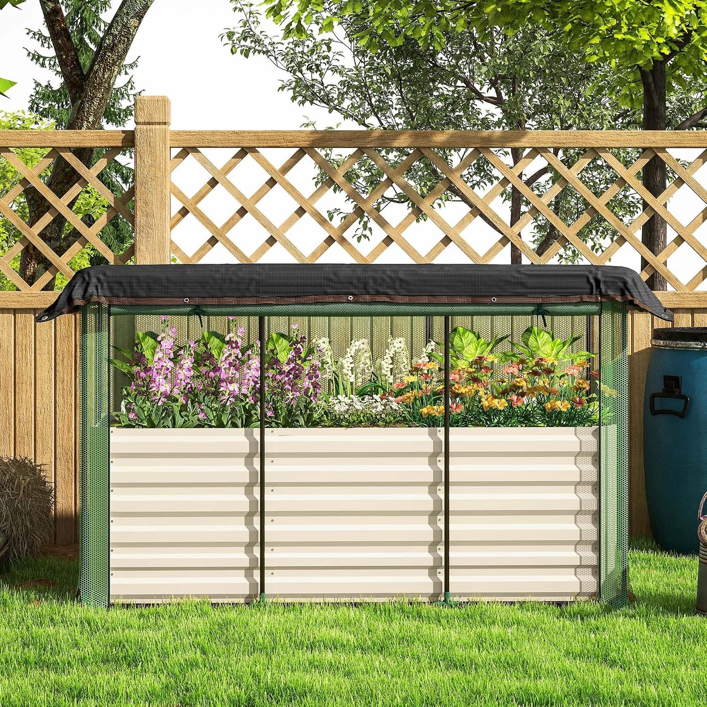 55" Tall Galvanized Raised Garden Bed with Trellis, Green