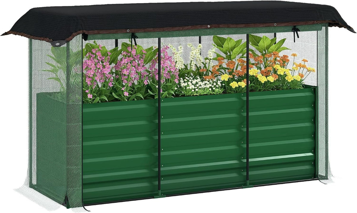 55" Tall Galvanized Raised Garden Bed with Trellis, Green