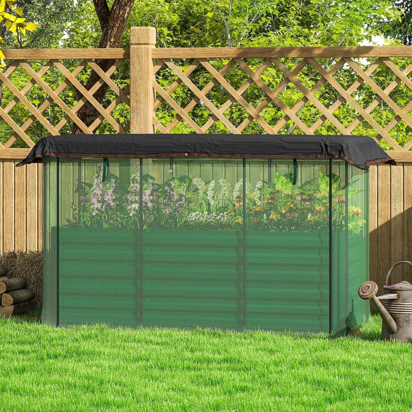 55" Tall Galvanized Raised Garden Bed with Trellis, Green