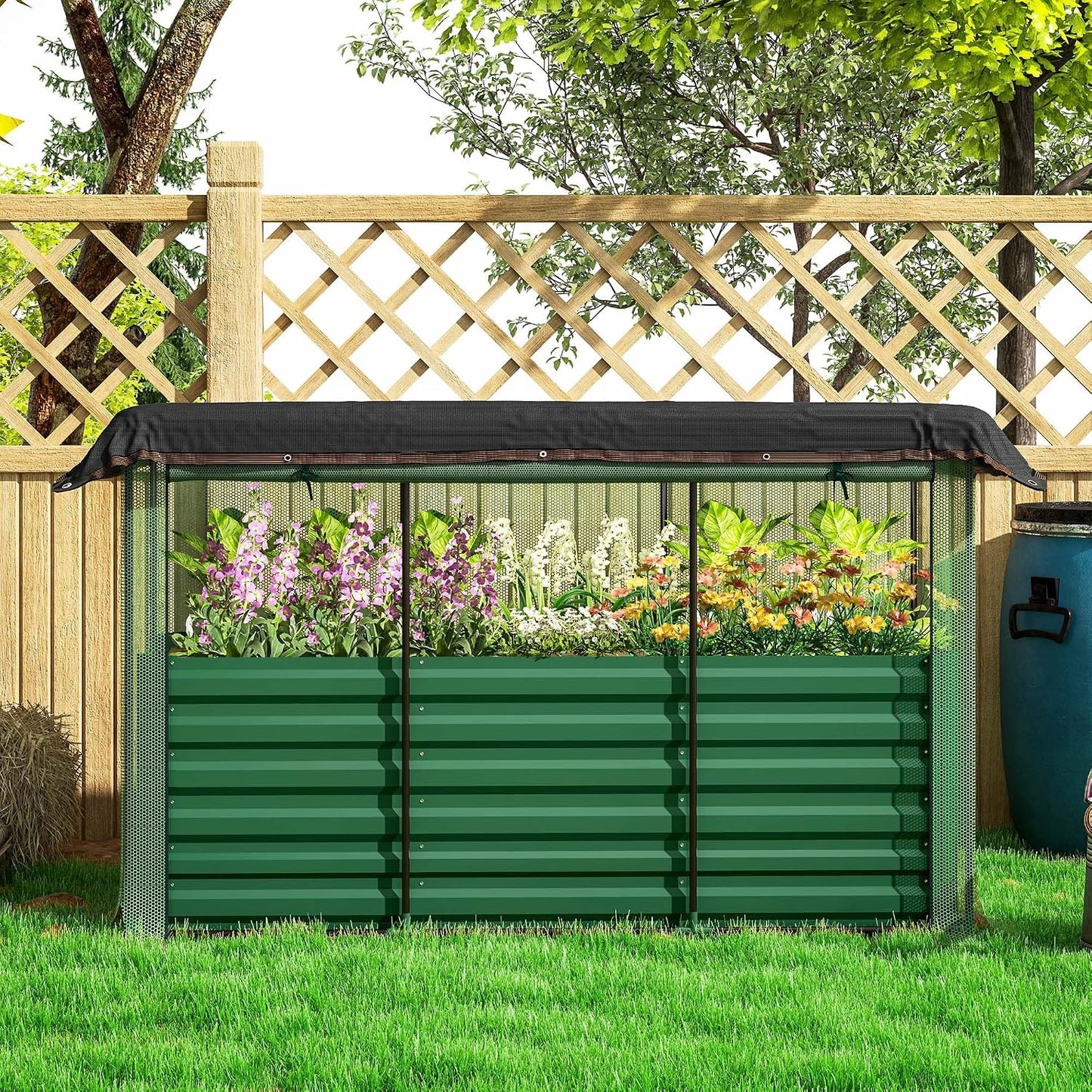55" Tall Galvanized Raised Garden Bed with Trellis, Green