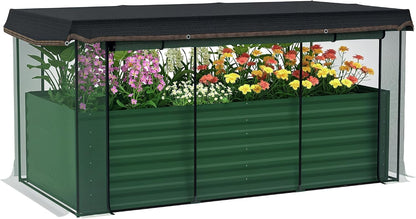 55" Tall Galvanized Raised Garden Bed with Trellis, Green