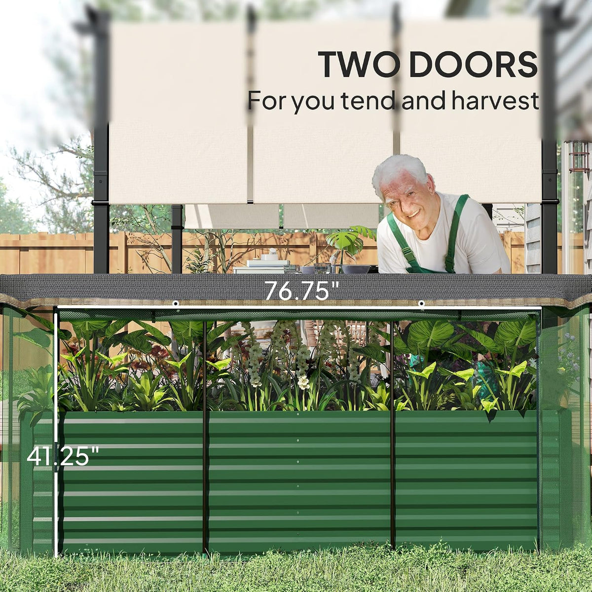 55" Tall Galvanized Raised Garden Bed with Trellis, Green