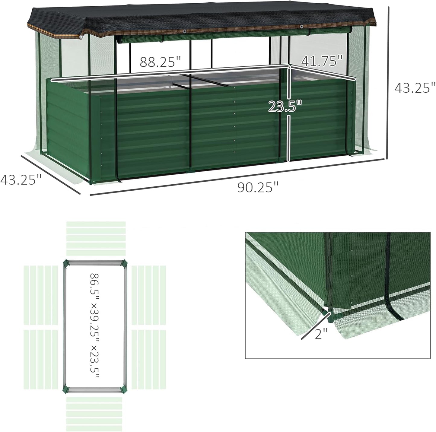 55" Tall Galvanized Raised Garden Bed with Trellis, Green