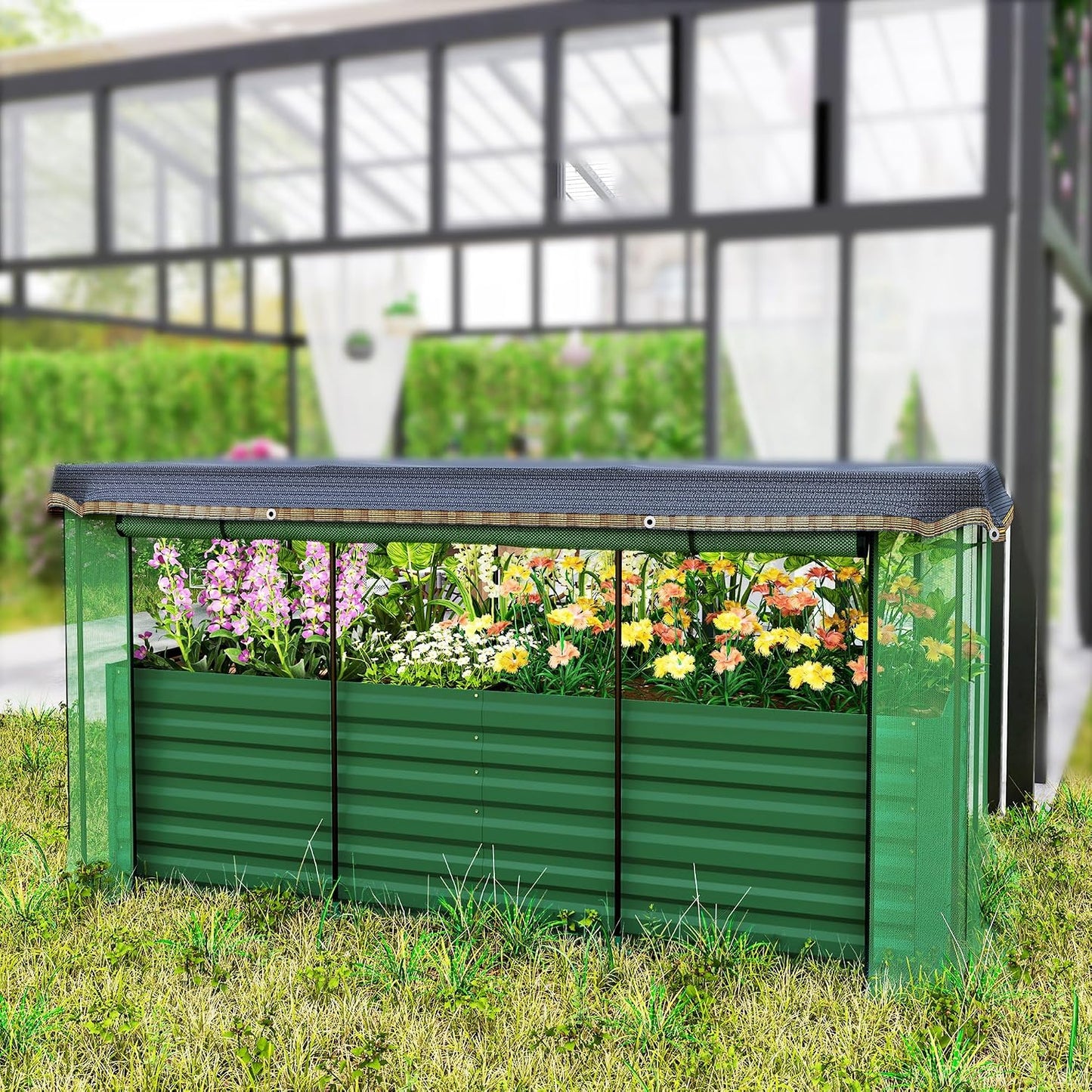 55" Tall Galvanized Raised Garden Bed with Trellis, Green